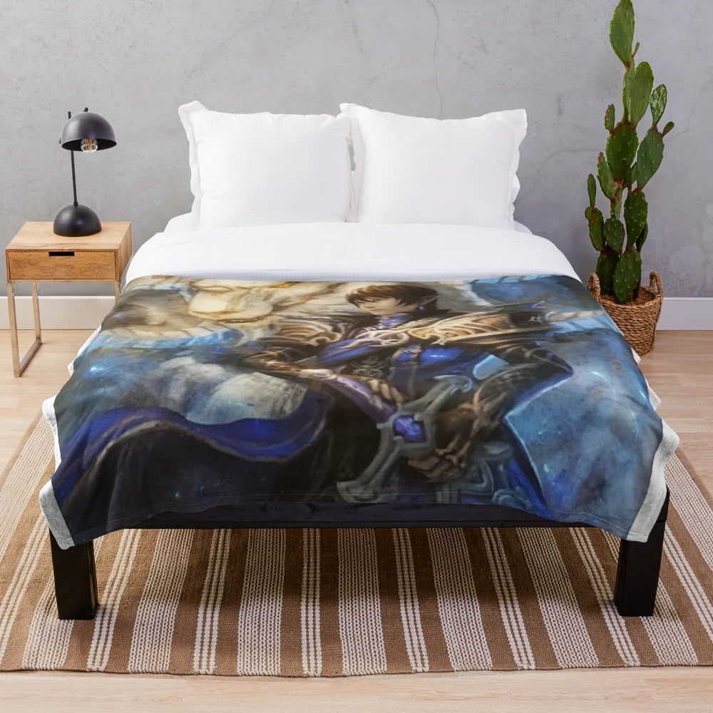 Aymeric and Hraesvelgr inspired plush blanket with blue and cartoon design