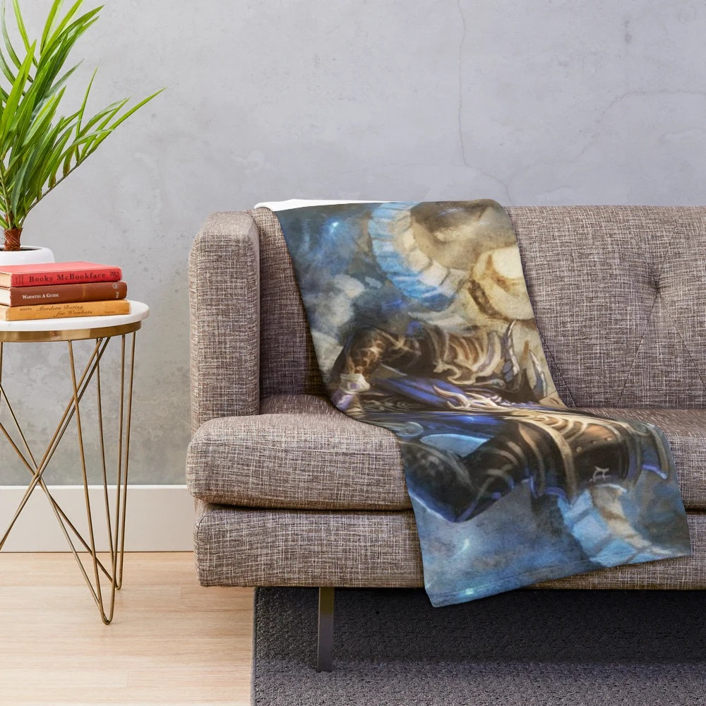 Aymeric and Hraesvelgr inspired plush blanket with blue and cartoon design