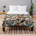Aztec cow print bull skull plush blanket for rustic southern style