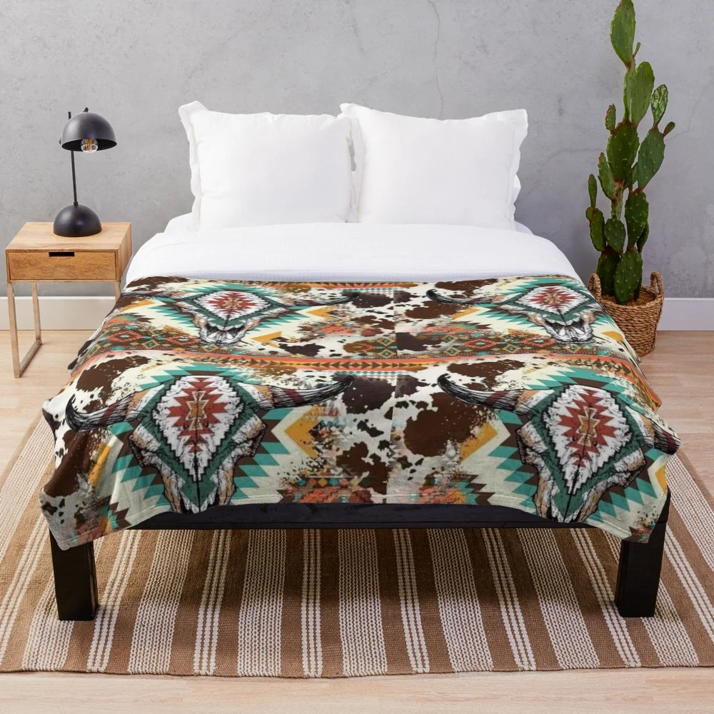 Aztec cow print bull skull plush blanket for rustic southern style