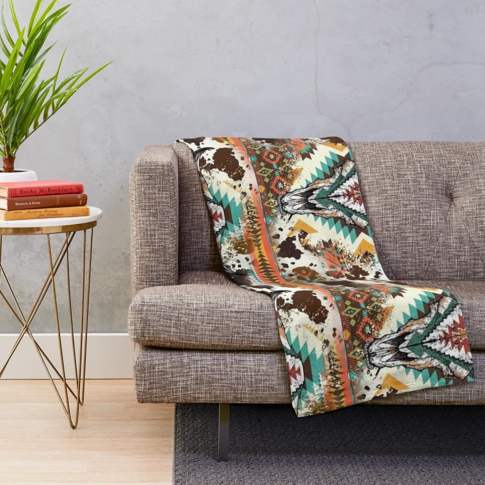 Aztec cow print bull skull plush blanket for rustic southern style