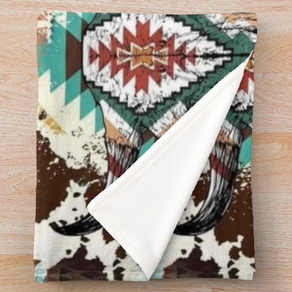 Aztec cow print bull skull plush blanket for rustic southern style