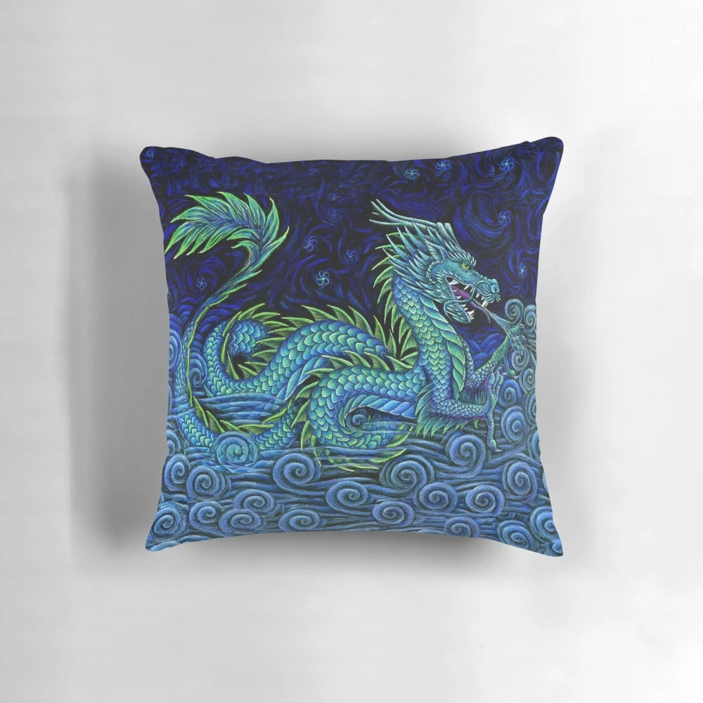Decorative pillow featuring a mystical azure dragon design against a night sky background