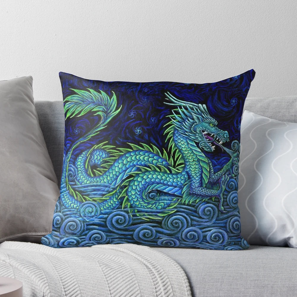 Decorative pillow featuring a mystical azure dragon design against a night sky background