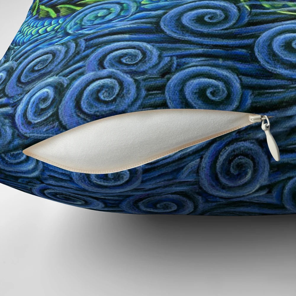 Decorative pillow featuring a mystical azure dragon design against a night sky background