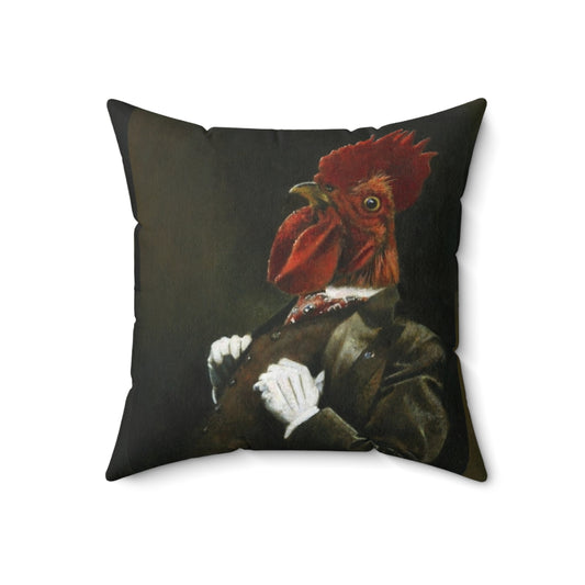 Beautifully detailed vintage-style portrait of a proud cockerel or rooster on a decorative pillow