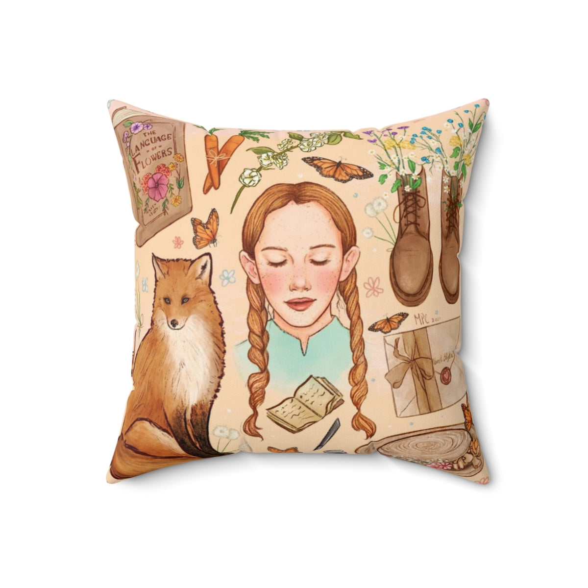 Pillow featuring Anne Shirley of Green Gables and nature motifs