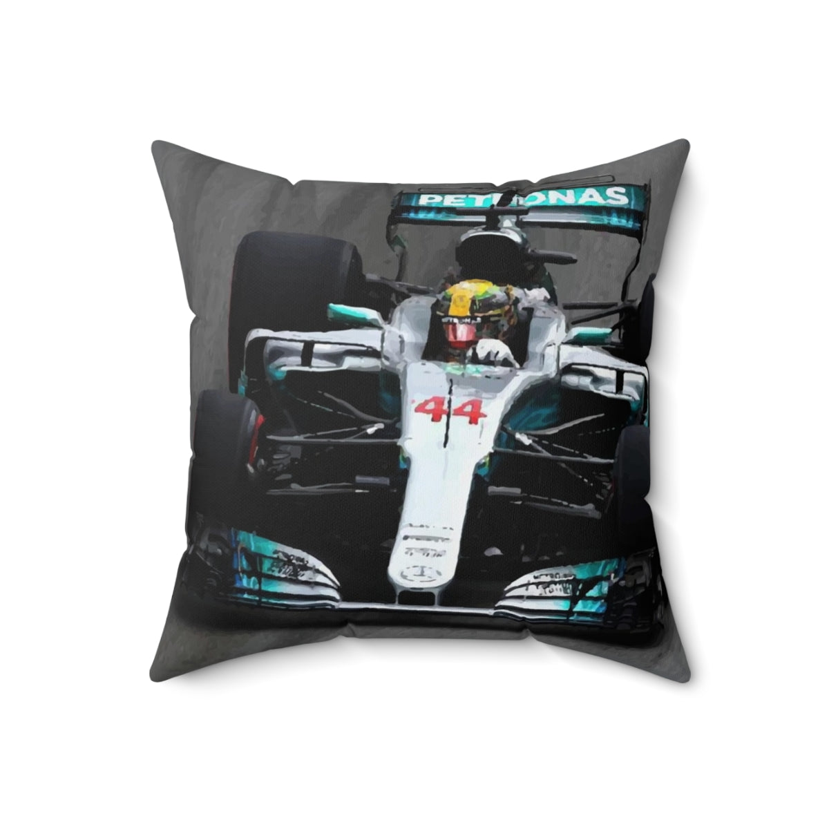 Vintage-style digital art illustration of a Formula 1 racing car on a decorative throw pillow - Back