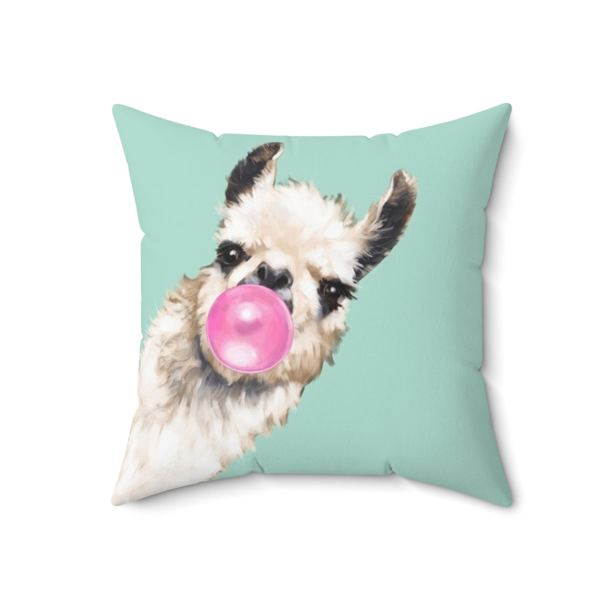 Colorful throw pillow featuring a whimsical llama with a bubble gum detail