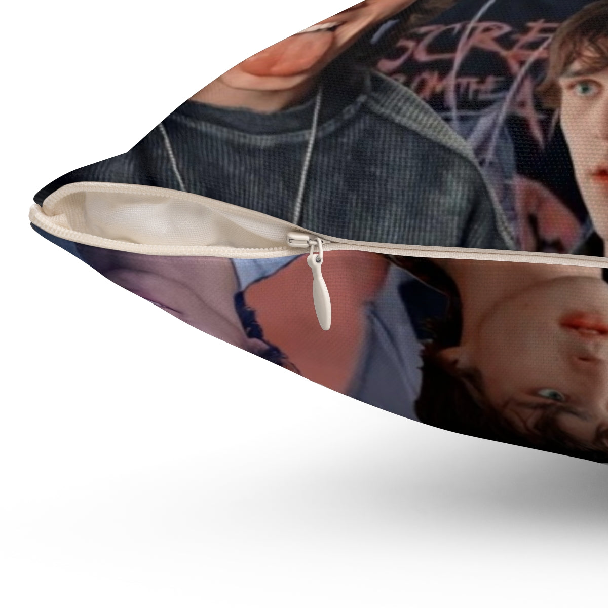 Colorful collage-style pillow featuring fan art of Charlie Gillespie and the cast of Phantoms - Detail