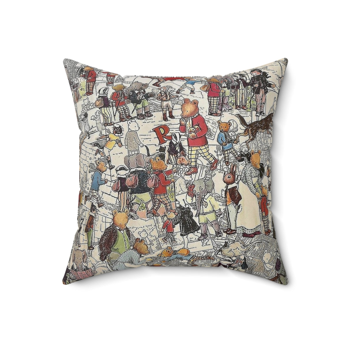 Colorful Rupert Bear inspired throw pillow with collage-style artwork featuring characters like Algy and Billy Badger. - Back