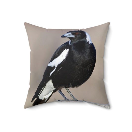 Decorative throw pillow featuring a detailed illustration of an Australian magpie bird