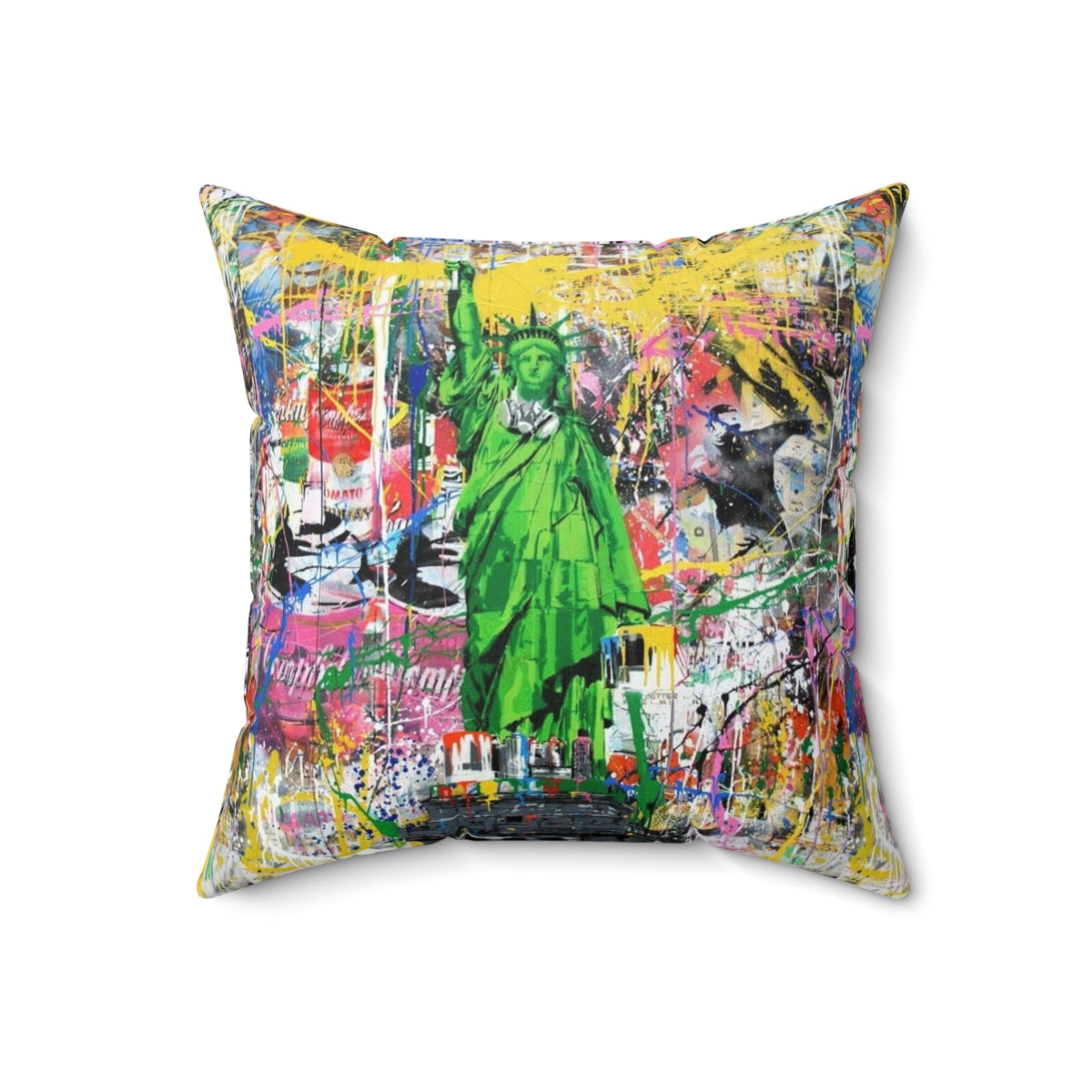 Vibrant pop culture-inspired pillow featuring a Banksy-style mashup of the Statue of Liberty holding a paintbrush. - Back