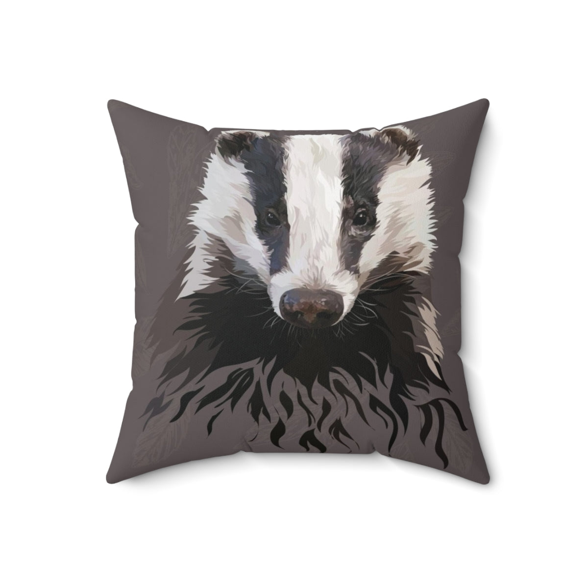 Woodland-themed black, white, and grey badger print pillow with twig details