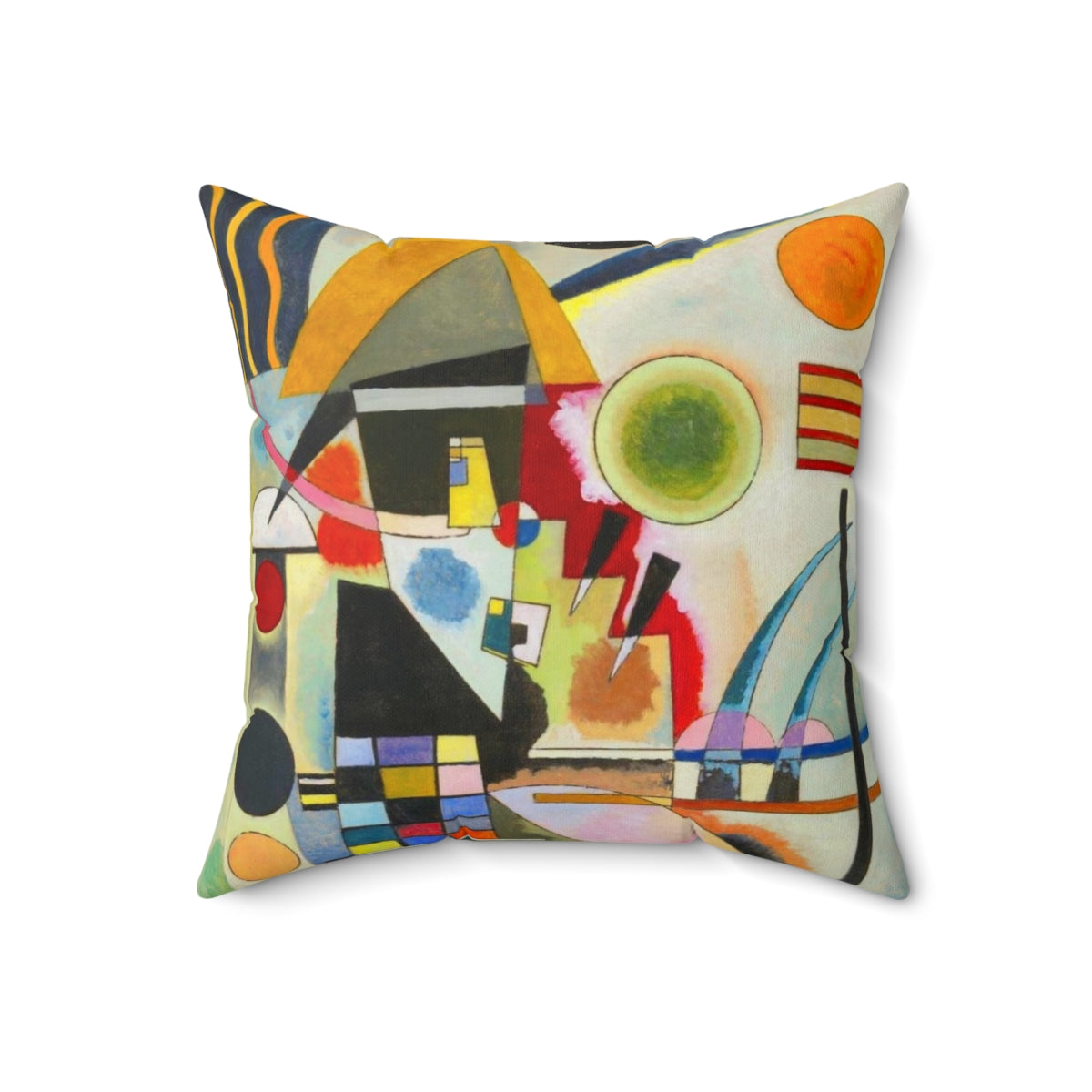 A colorful, abstract swinging pillow featuring geometric shapes and patterns in the style of Russian artist Wassily Kandinsky. - Back