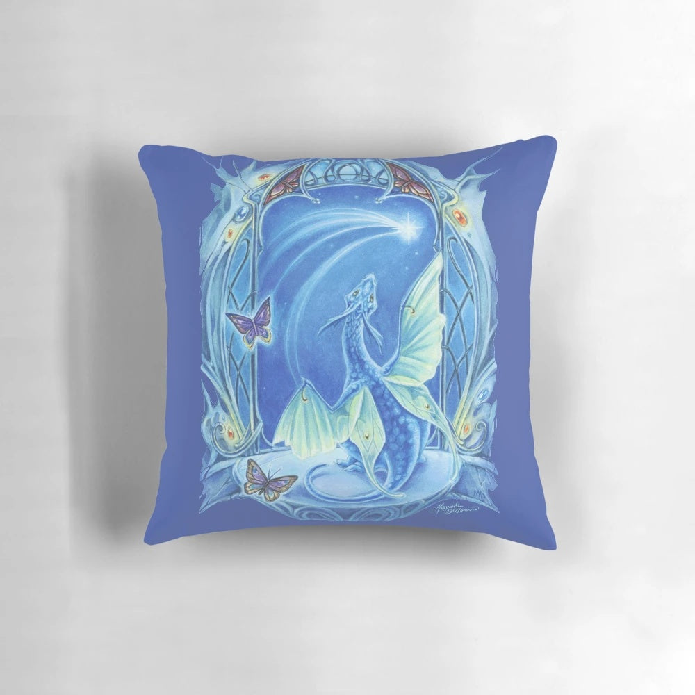 Whimsical Pillow Featuring a Baby Dragon Gazing at Shooting Stars