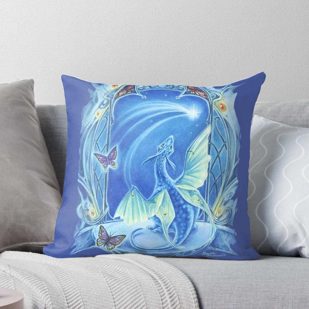 Whimsical Pillow Featuring a Baby Dragon Gazing at Shooting Stars
