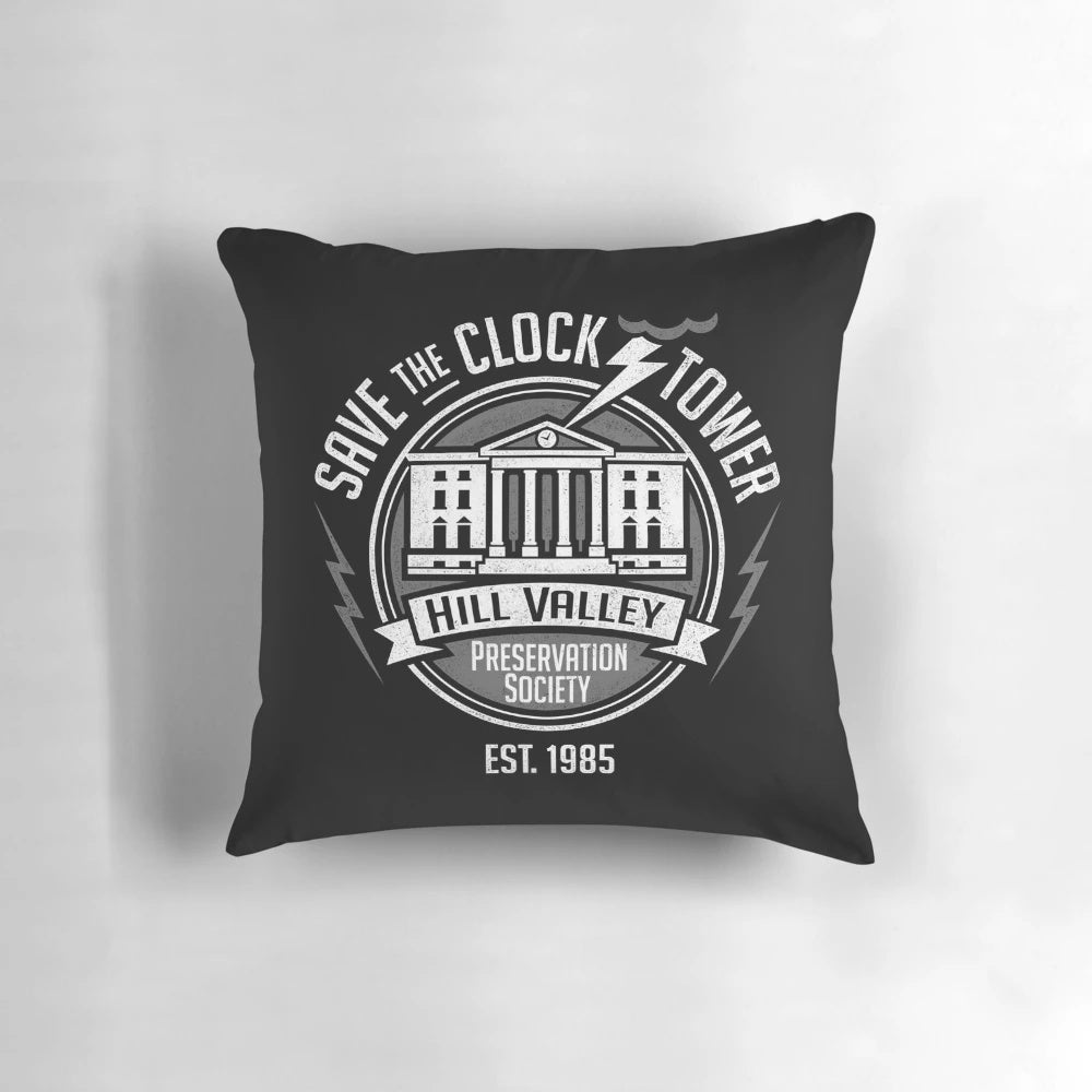 Retro-inspired Back to the Future "Save the Clock Tower" throw pillow