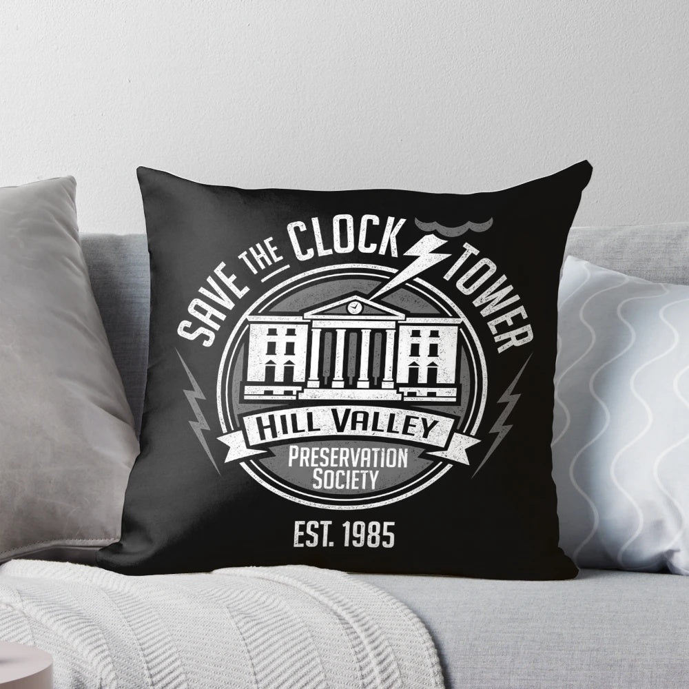 Retro-inspired Back to the Future "Save the Clock Tower" throw pillow