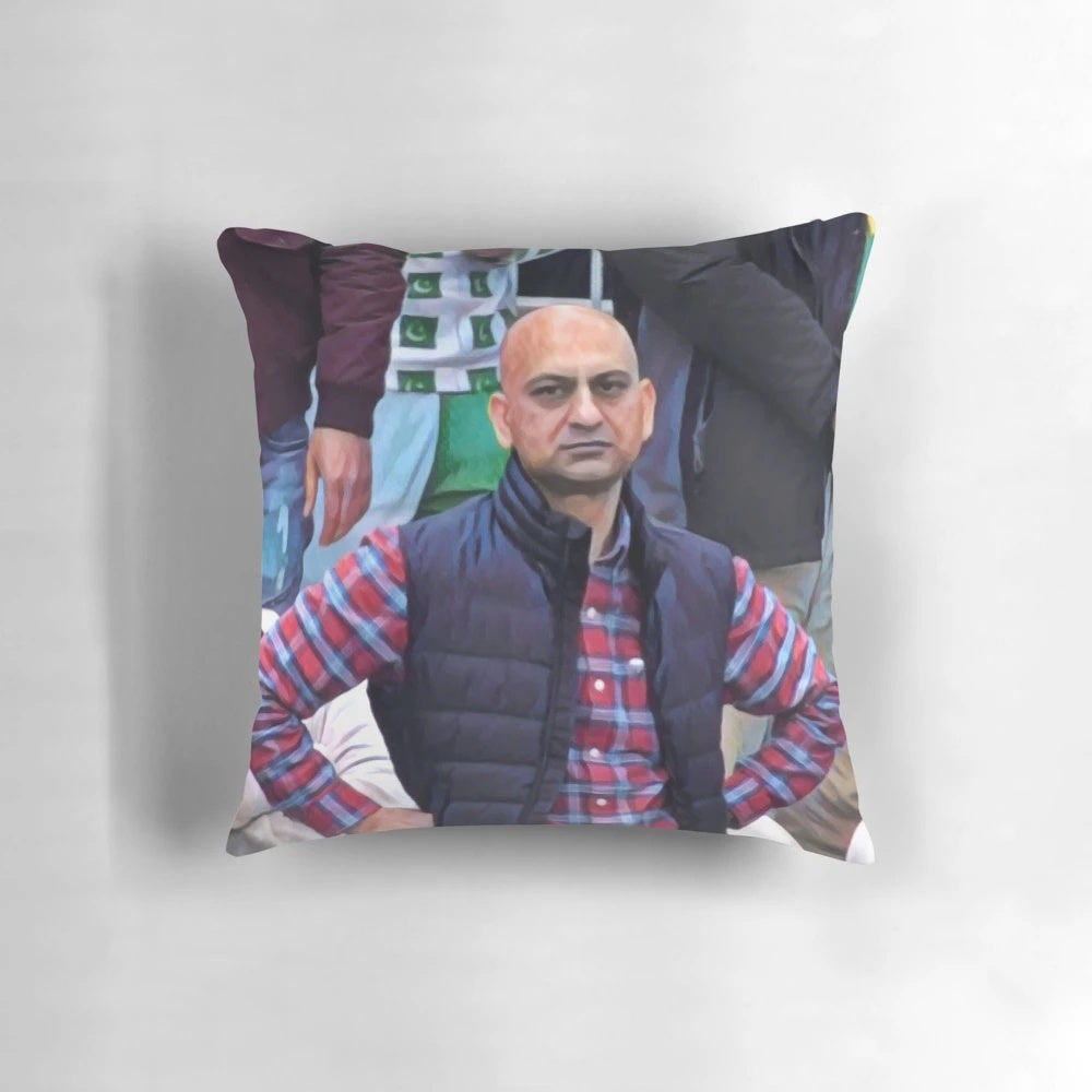 Bald angry Indian cricket fan meme printed on a pillow
