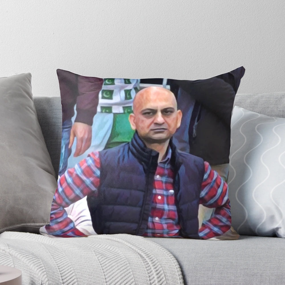 Bald angry Indian cricket fan meme printed on a pillow