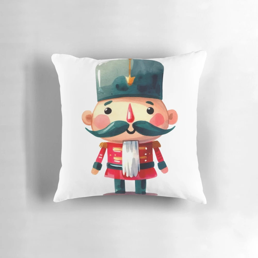 Bald nutcracker watercolor painting on a decorative holiday pillow