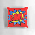 A vibrant and bold "Bam!" text pillow with a pop art, comic book inspired design.
