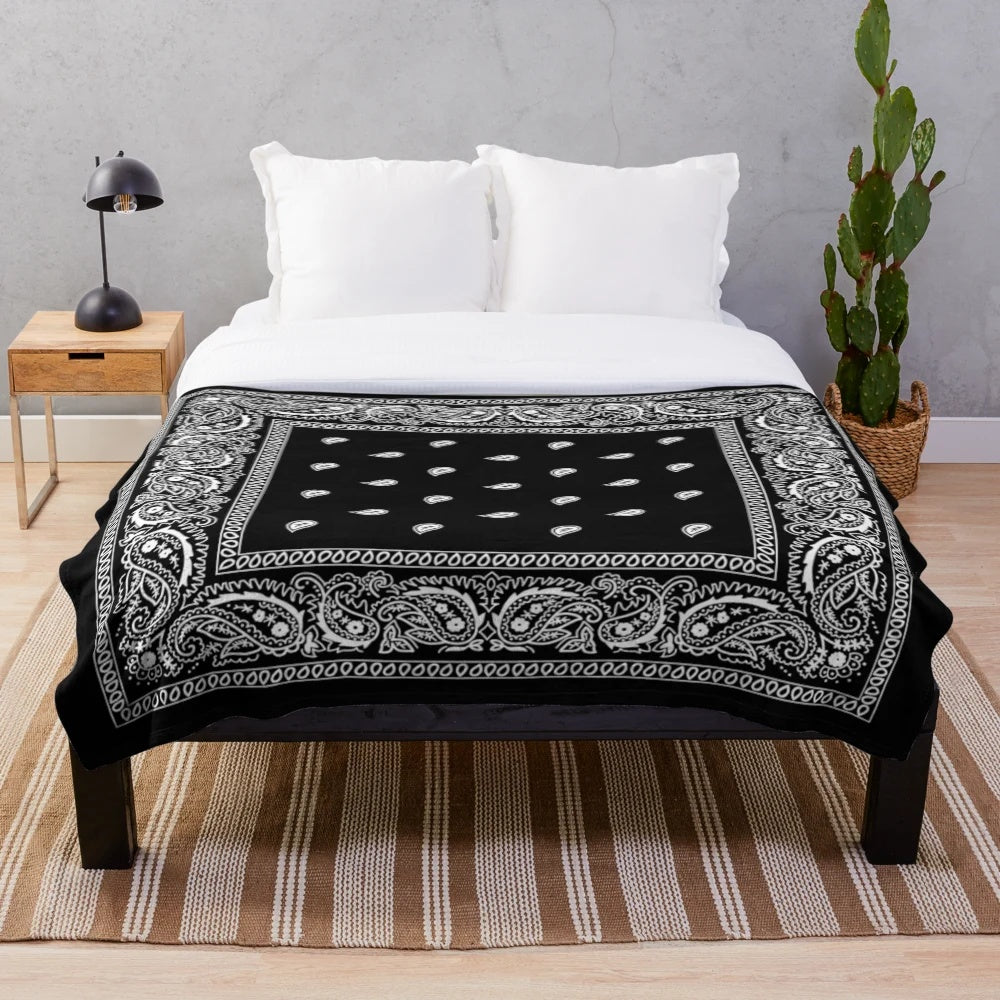 Bandana-patterned black plush blanket for urban and western decor