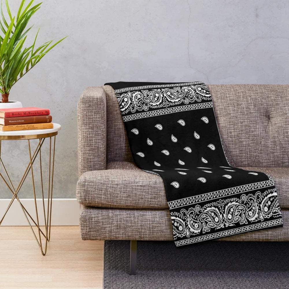 Bandana-patterned black plush blanket for urban and western decor