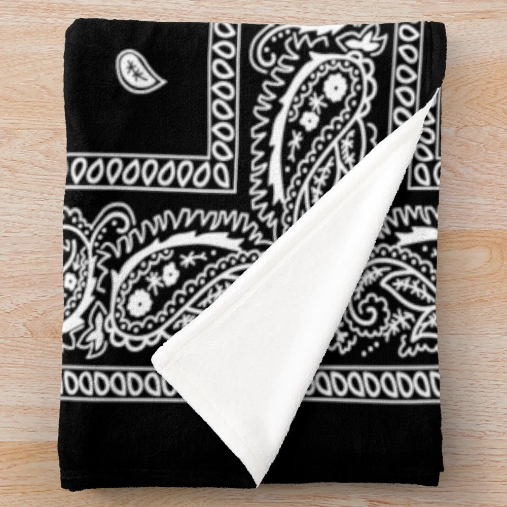 Bandana-patterned black plush blanket for urban and western decor