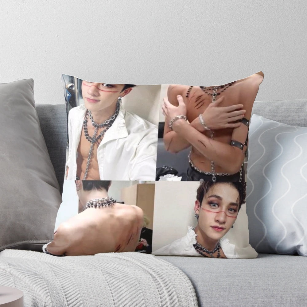 Bangchan, the member of Kpop group Stray Kids, featured on a soft and cozy pillow.