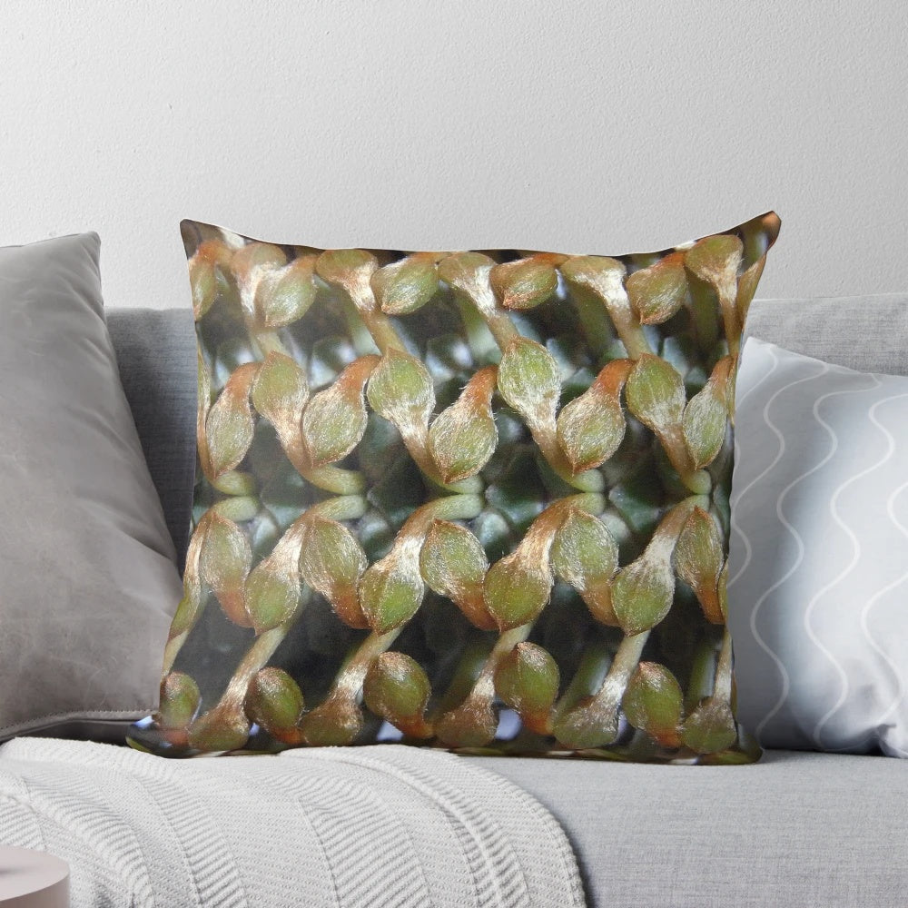 Closeup of a banksia bud on a decorative throw pillow, featuring a botanical pattern in green and orange.