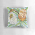 Banksia floral throw pillow featuring a vibrant Australian native flower design in shades of aqua and green.