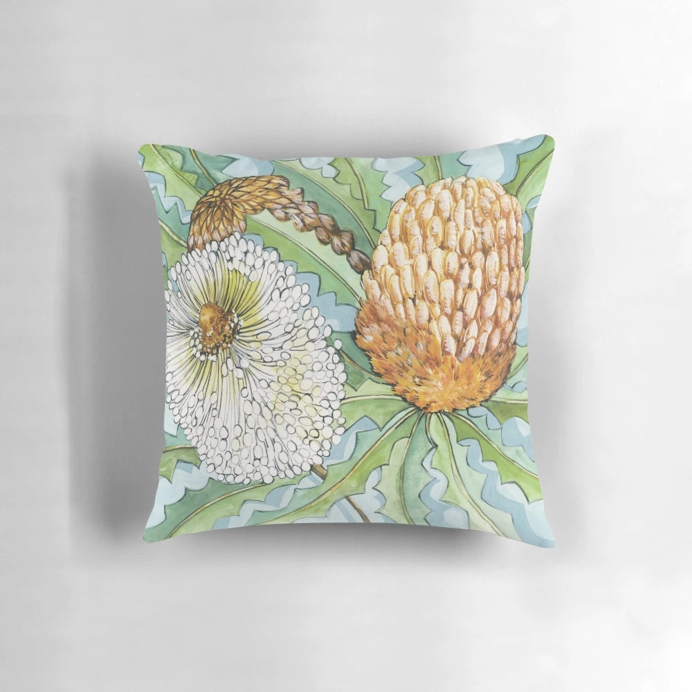 Banksia floral throw pillow featuring a vibrant Australian native flower design in shades of aqua and green.