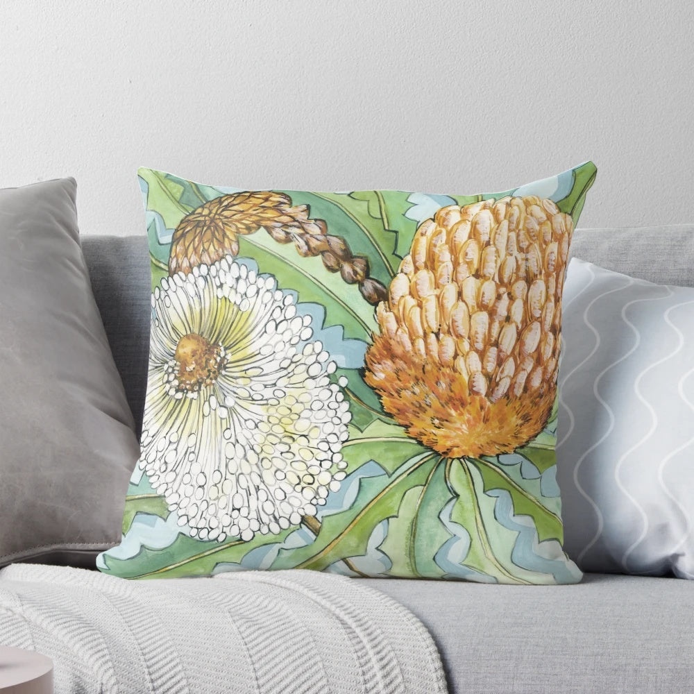 Banksia floral throw pillow featuring a vibrant Australian native flower design in shades of aqua and green.