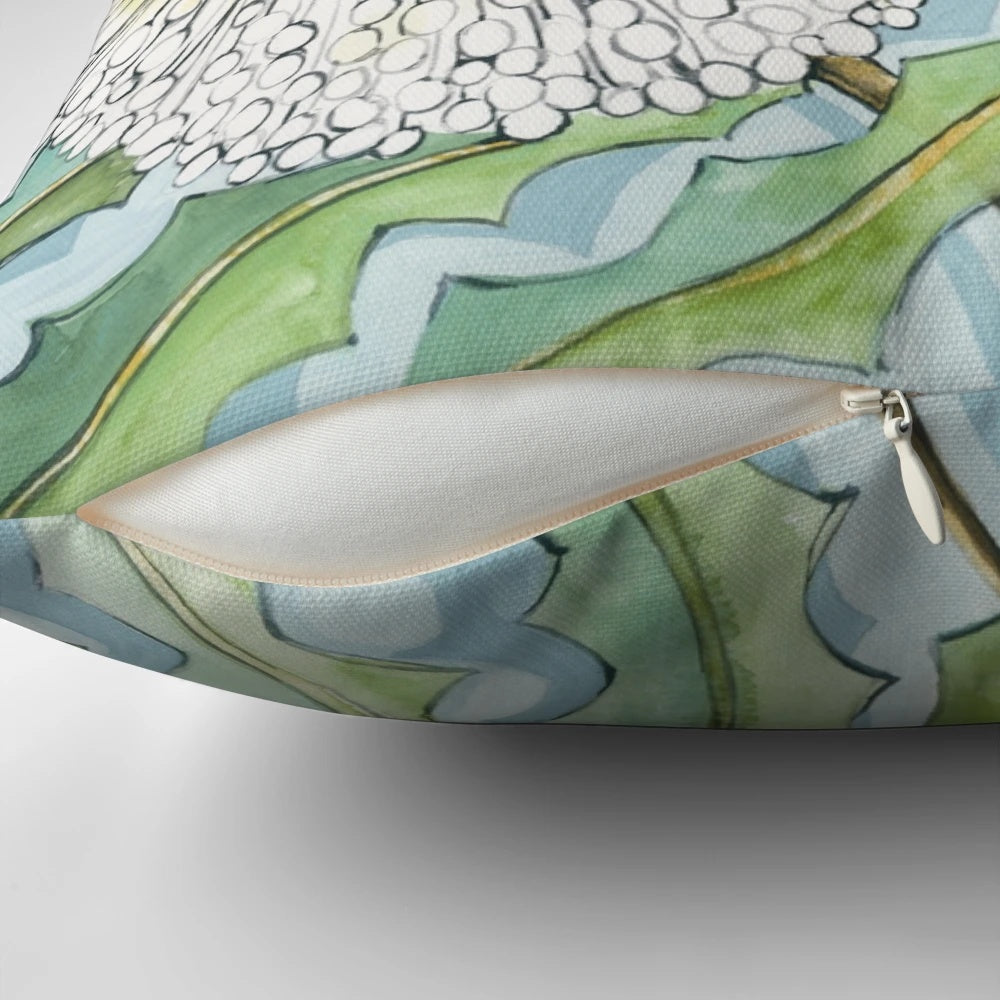 Banksia floral throw pillow featuring a vibrant Australian native flower design in shades of aqua and green.