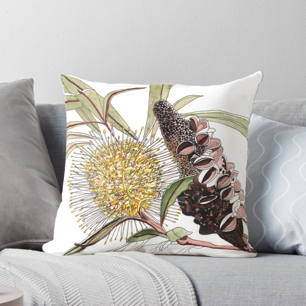 Banksia flower pod watercolor painting on a decorative pillow cover