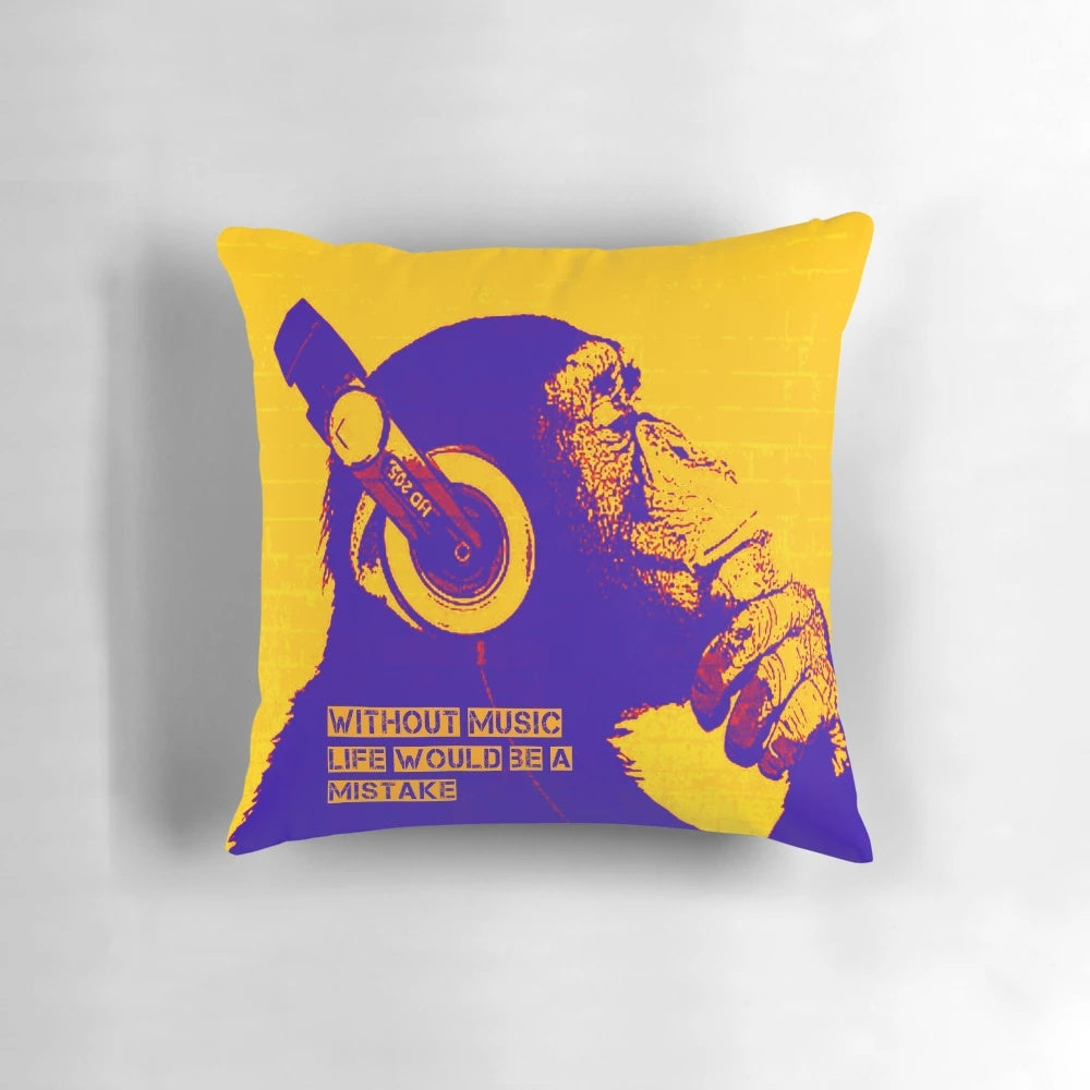 Banksy-inspired throw pillow featuring a quote about the importance of music in life.