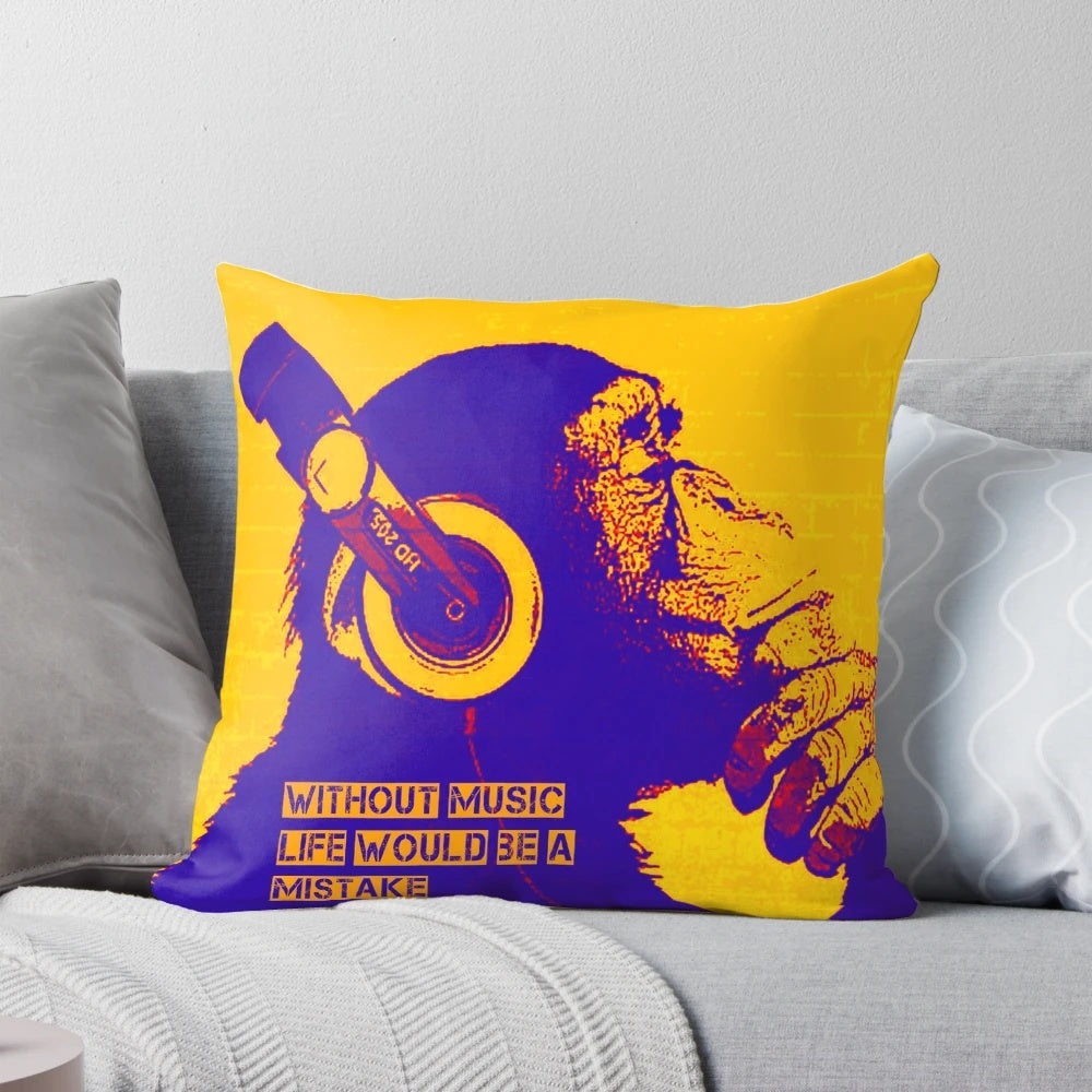 Banksy-inspired throw pillow featuring a quote about the importance of music in life.
