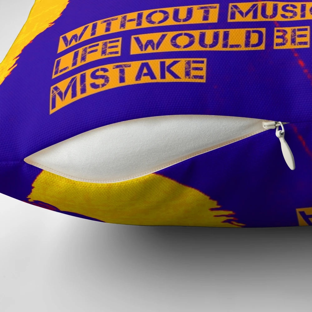 Banksy-inspired throw pillow featuring a quote about the importance of music in life.