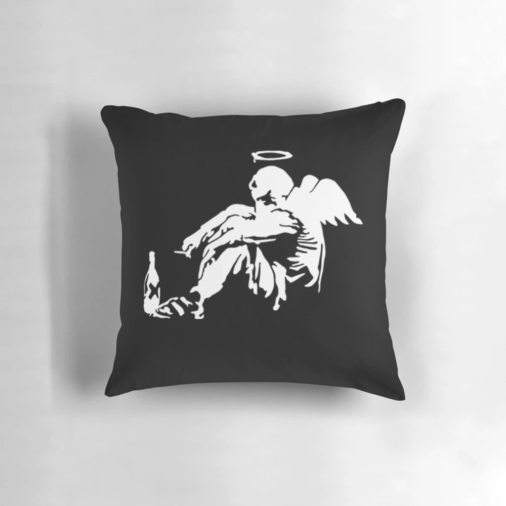Banksy Fallen Angel Decorative Pillow, featuring iconic Banksy street art imagery