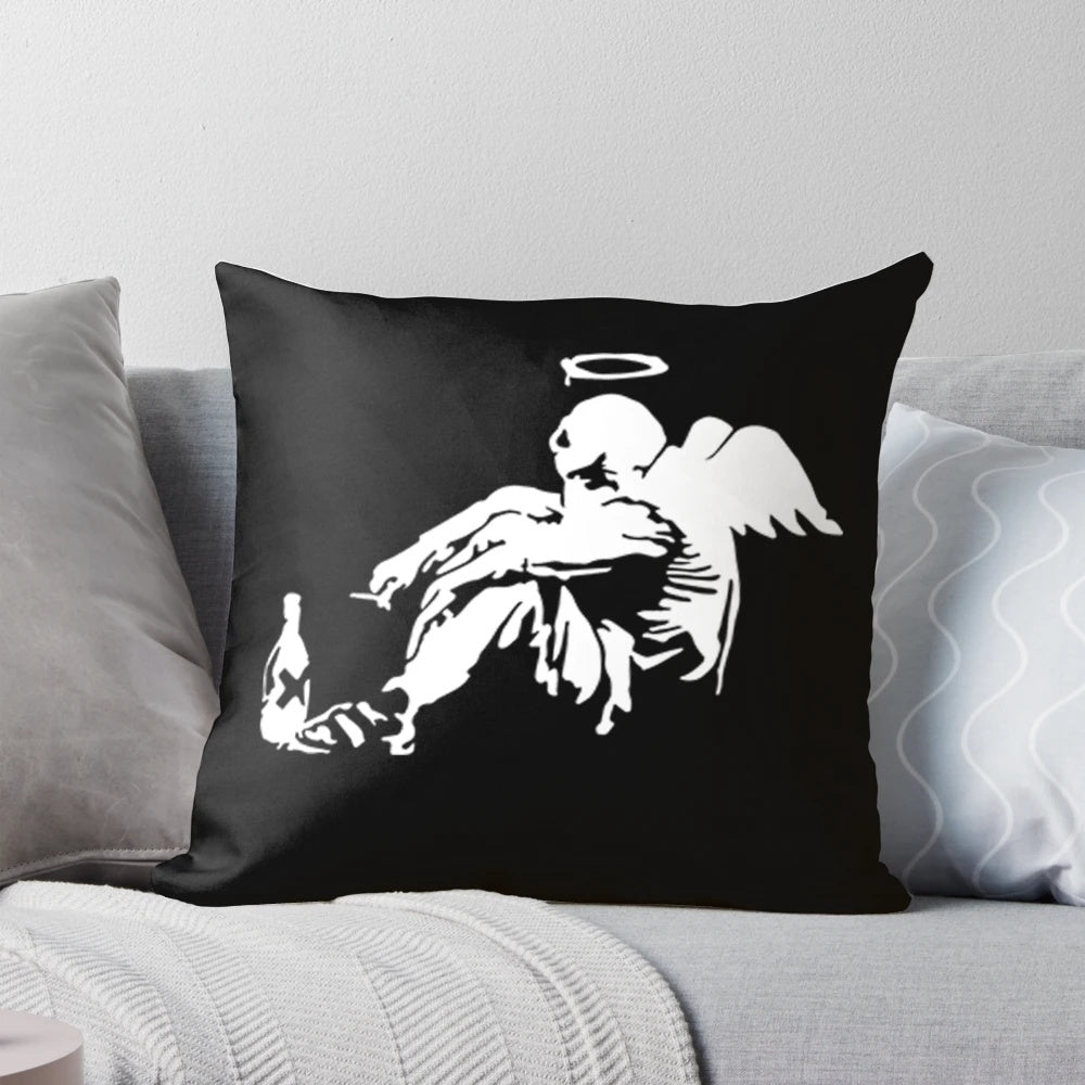Banksy Fallen Angel Decorative Pillow, featuring iconic Banksy street art imagery