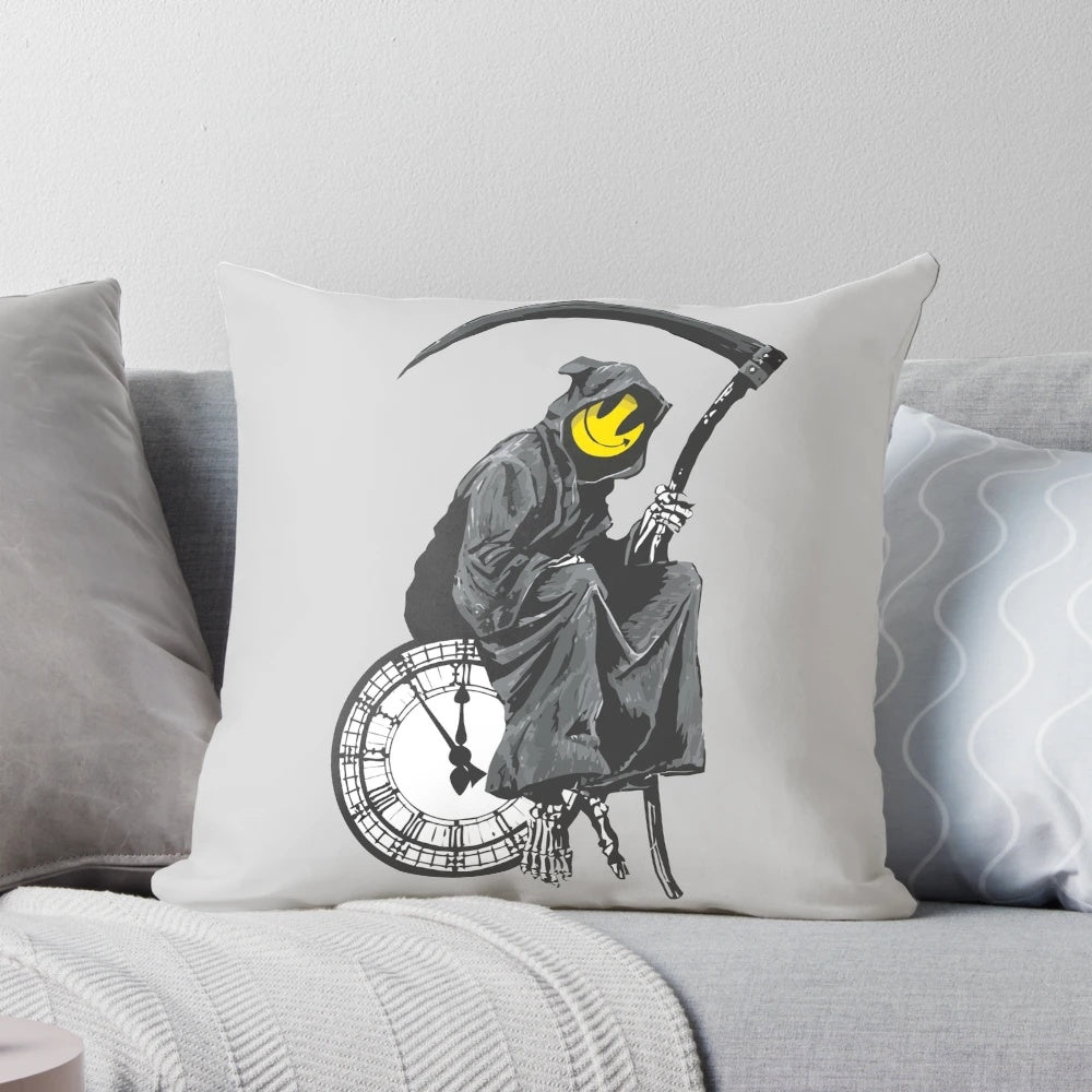 Banksy Grim Reaper Gothic Clock Decorative Pillow