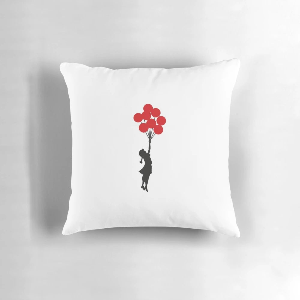 Banksy-inspired decorative pillow featuring the iconic Balloon Girl artwork