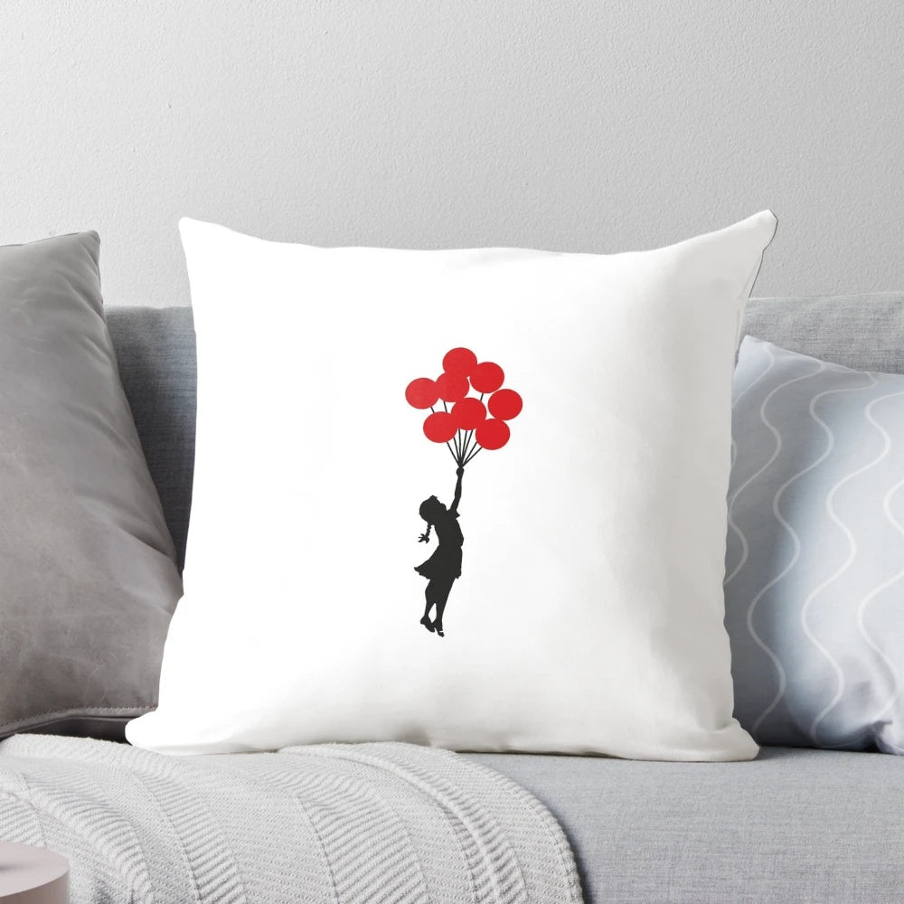 Banksy-inspired decorative pillow featuring the iconic Balloon Girl artwork