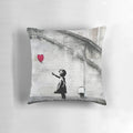Vibrant and striking Banksy-inspired pillow featuring the iconic "Balloon Girl" mural, symbolizing hope and social commentary.