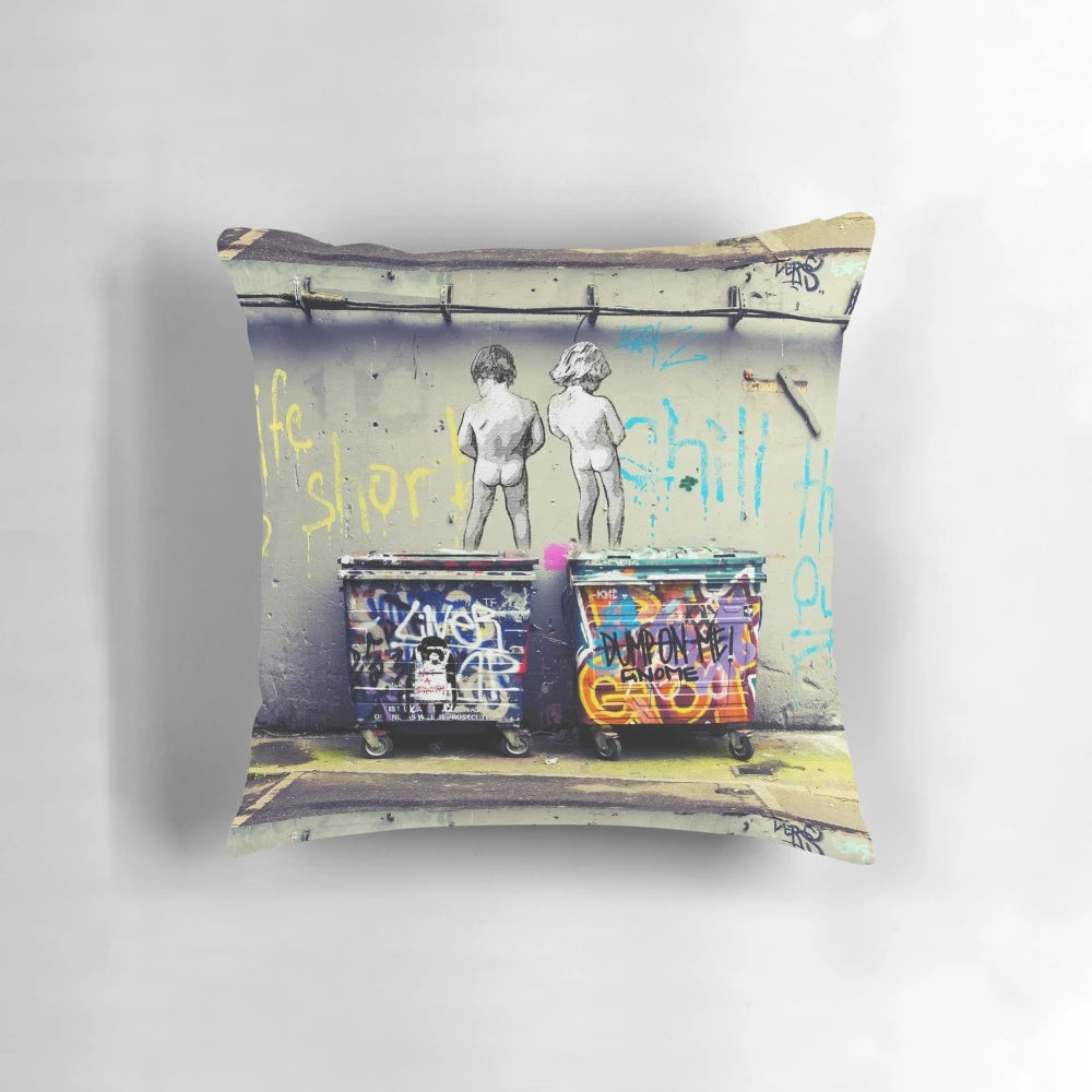 Colorful Banksy-inspired pillow with a duck design and the text "Chill the Duck Out"