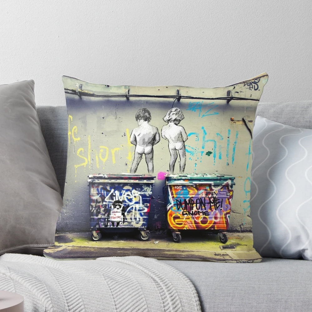 Colorful Banksy-inspired pillow with a duck design and the text "Chill the Duck Out"