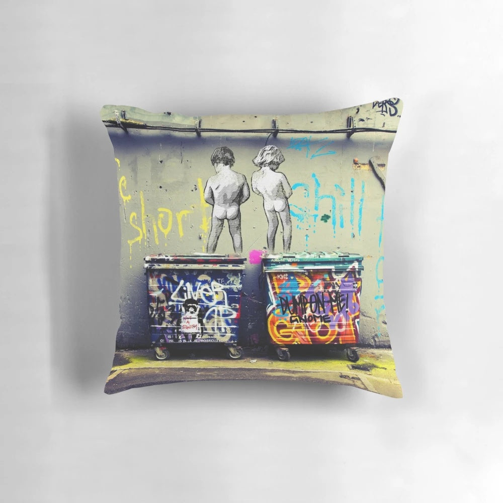 Colorful Banksy-inspired throw pillow with the message "Life Is Short, Chill The Duck Out