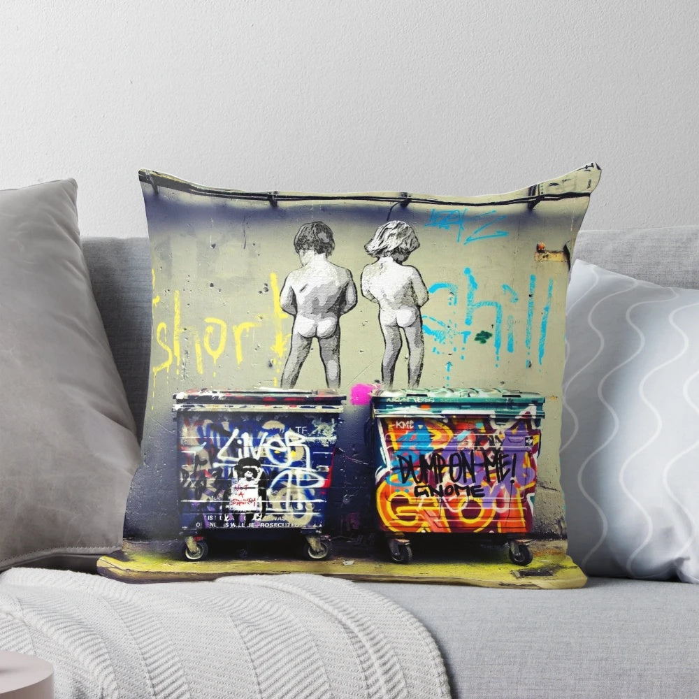 Colorful Banksy-inspired throw pillow with the message "Life Is Short, Chill The Duck Out